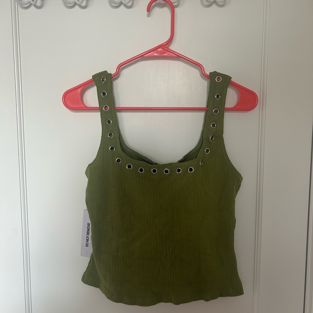 Princess Polly Dark Green Ribbed Tank with Grommet Accents
